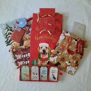 Dog Themed Christmas Holiday Gift Bags (6) & Gift Tags (16)